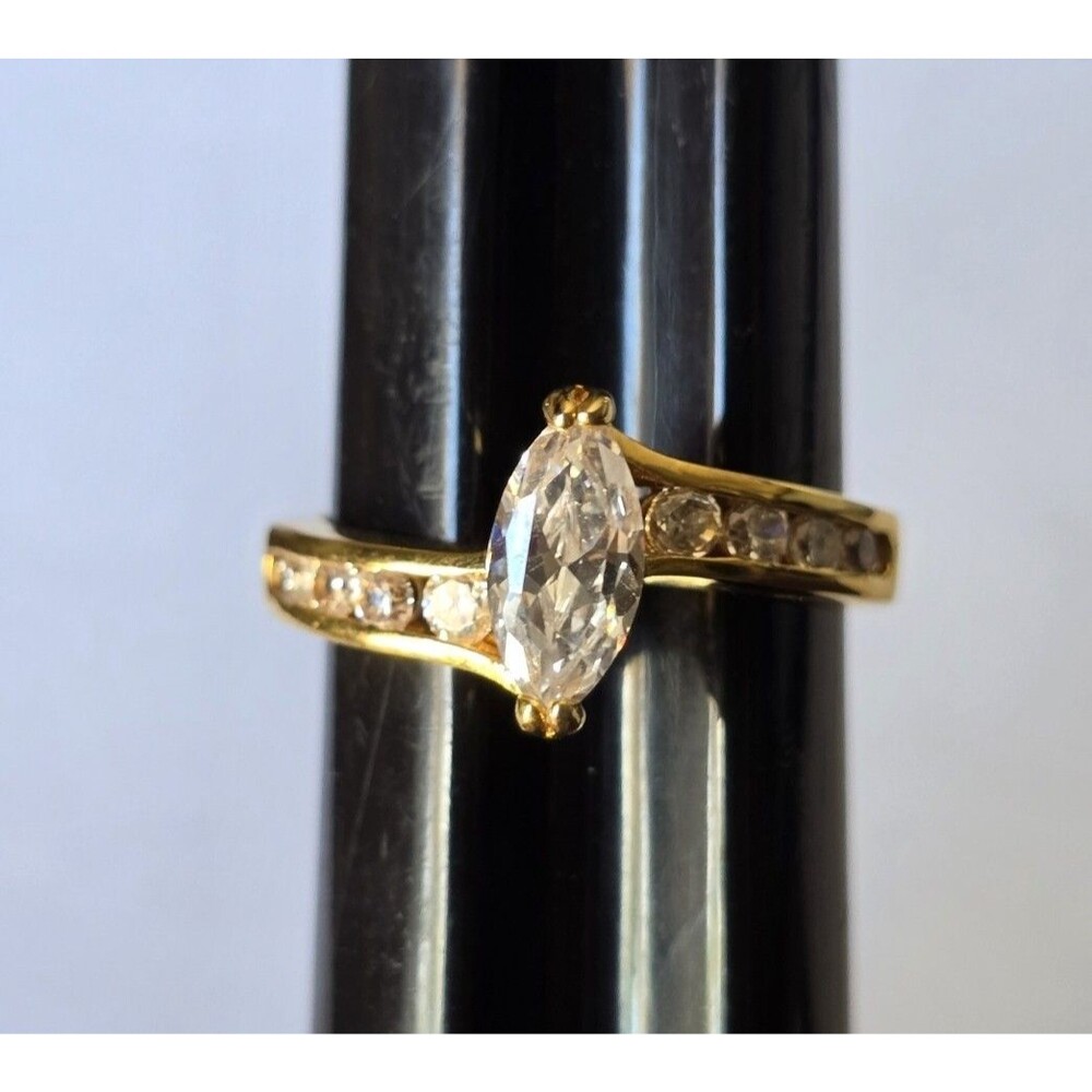Gold Tone Marquise Cut CZ Solitaire Ring With Accent Stones Sides 9 *